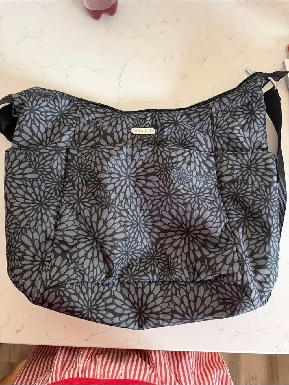 Baggallini Black and Gray Floral Quilted Shoulder Bag
